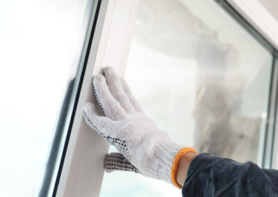 Window contractor holding a window pane in place