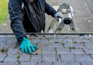 Man on top of ladder cleaning moss and dirt from a building roof - his hand in messy gloves - view from the top of the roof