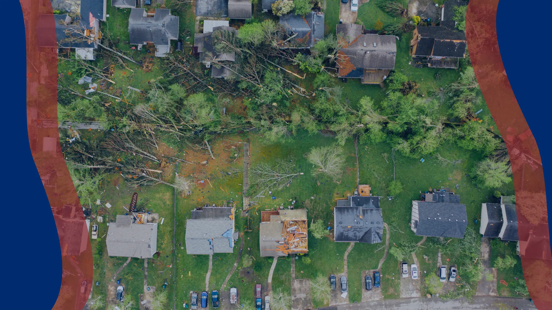 Assessing damage after a storm, damaged roofs and fallen trees.